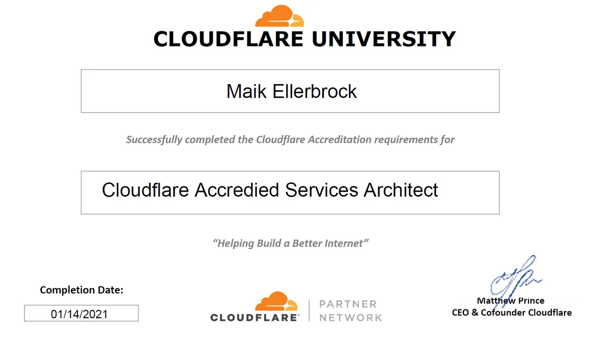 Maik Ellerbrock's verified Cloudflare Accredited Services Architect badge issued by Cloudflare
