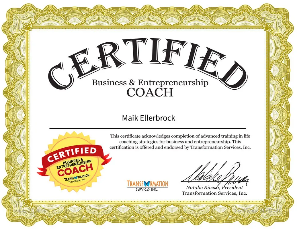 Maik Ellerbrock's verified Certified Business & Entrepreneurship Coach badge issued by Transformation Services, Inc.
