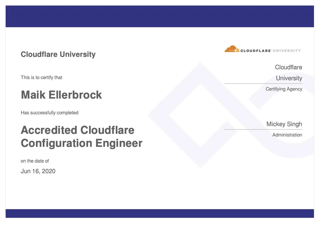 Maik Ellerbrock's verified Cloudflare Certified Configuration Engineer badge issued by Cloudflare