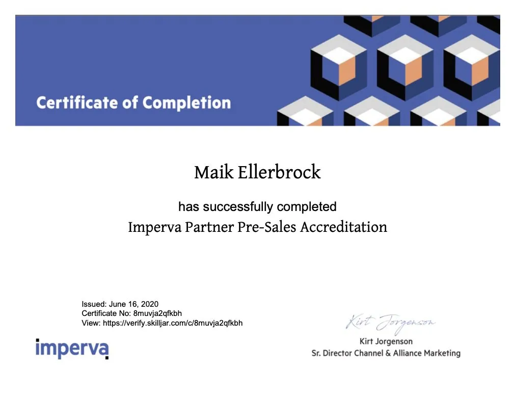 Maik Ellerbrock's verified Imperva Partner Pre-Sales Accreditation badge issued by Imperva
