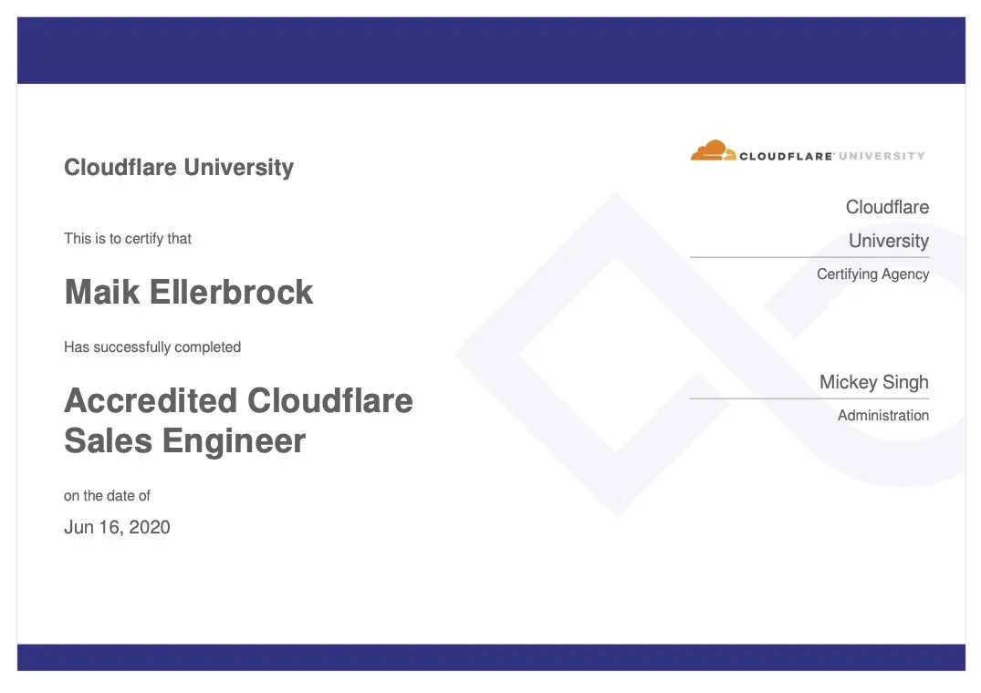 Maik Ellerbrock's verified Cloudflare Certified Sales Engineer badge issued by Cloudflare
