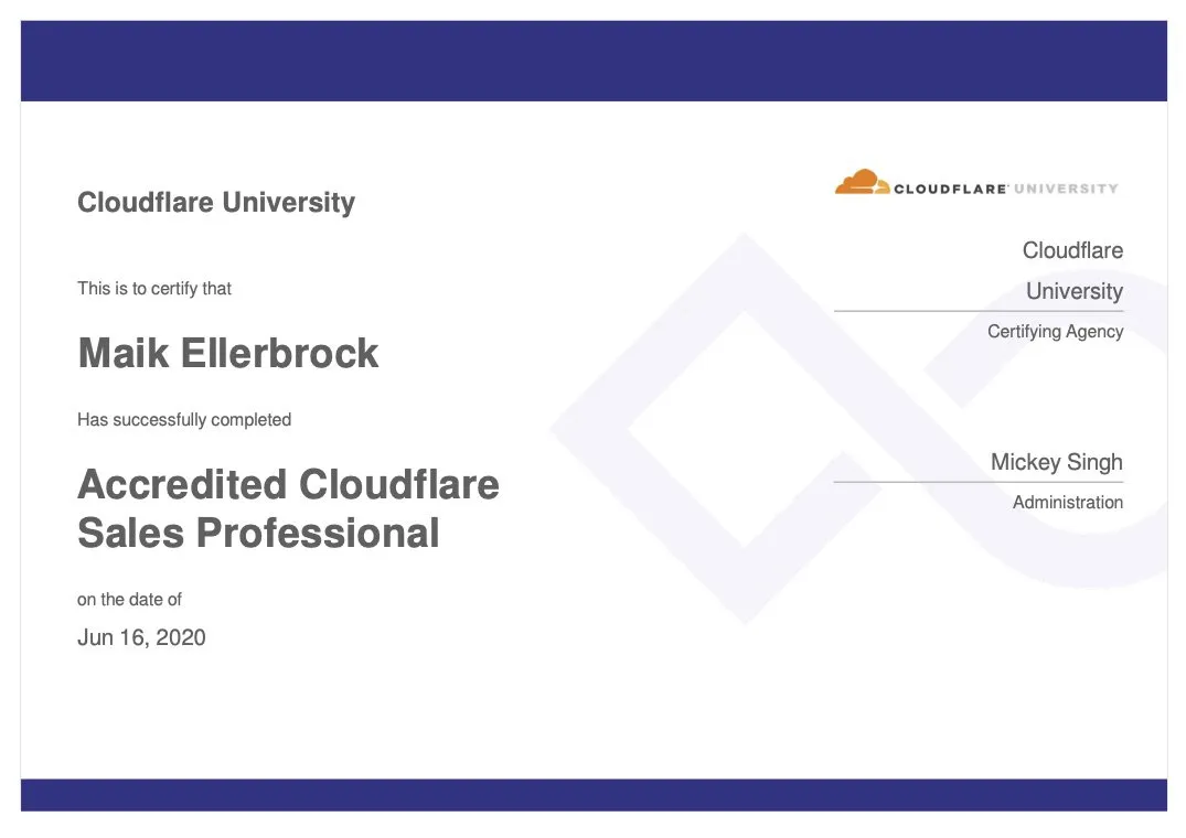 Maik Ellerbrock's verified Cloudflare Certified Sales Professional badge issued by Cloudflare