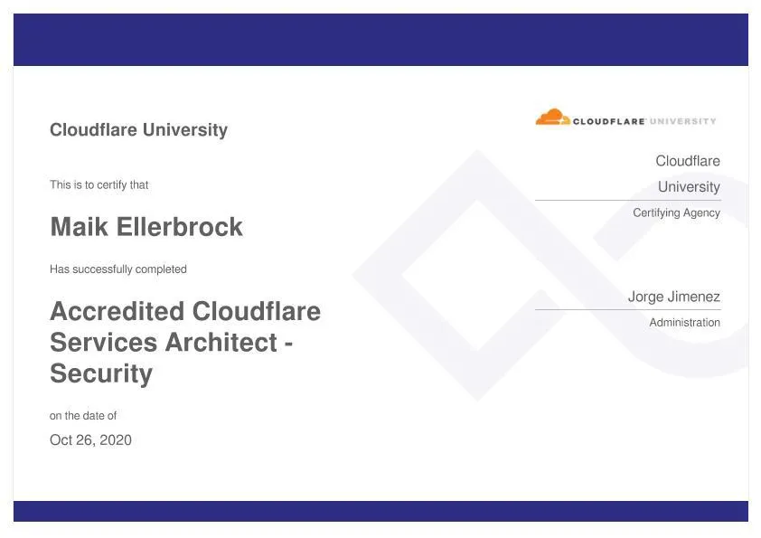 Maik Ellerbrock's verified Cloudflare Certified Security Architect badge issued by Cloudflare