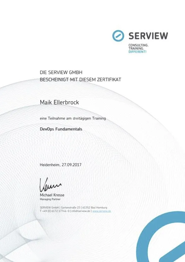 Maik Ellerbrock's verified DevOps Fundamentals badge issued by SERVIEW GmbH