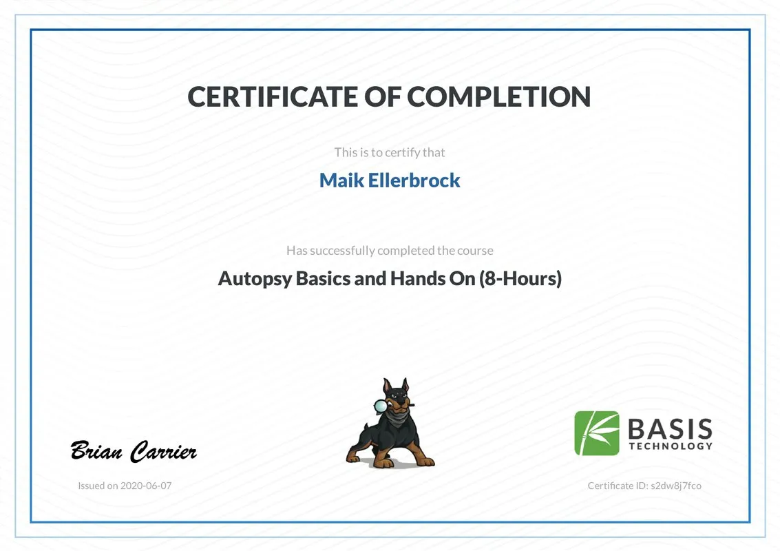 Maik Ellerbrock's verified Autopsy Basics and Hands On badge issued by Basis Technology