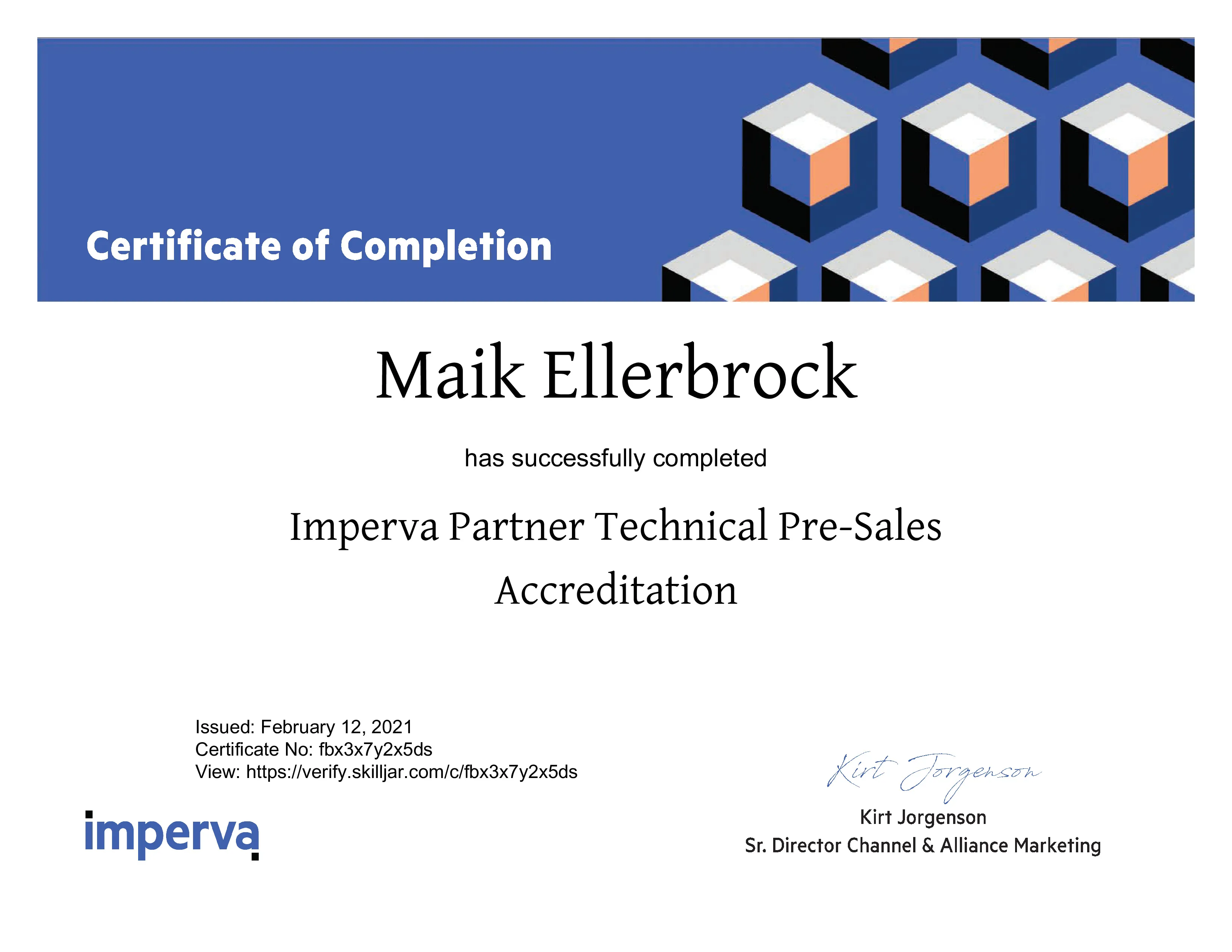 Maik Ellerbrock's verified Imperva Partner Technical Pre-Sales Accreditation badge issued by Imperva