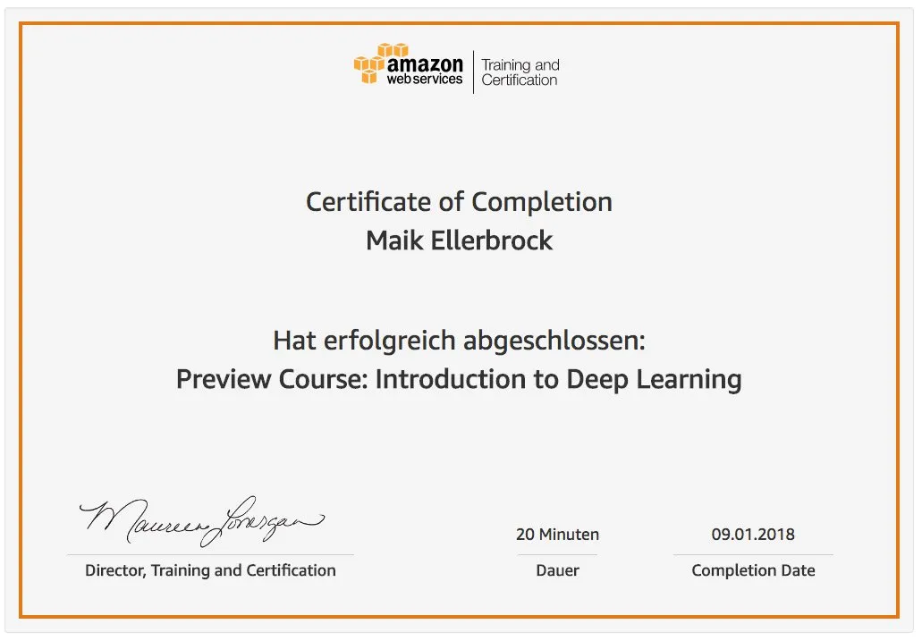 Maik Ellerbrock's verified Preview Course: Introduction to Deep Learning badge issued by Amazon Web Services
