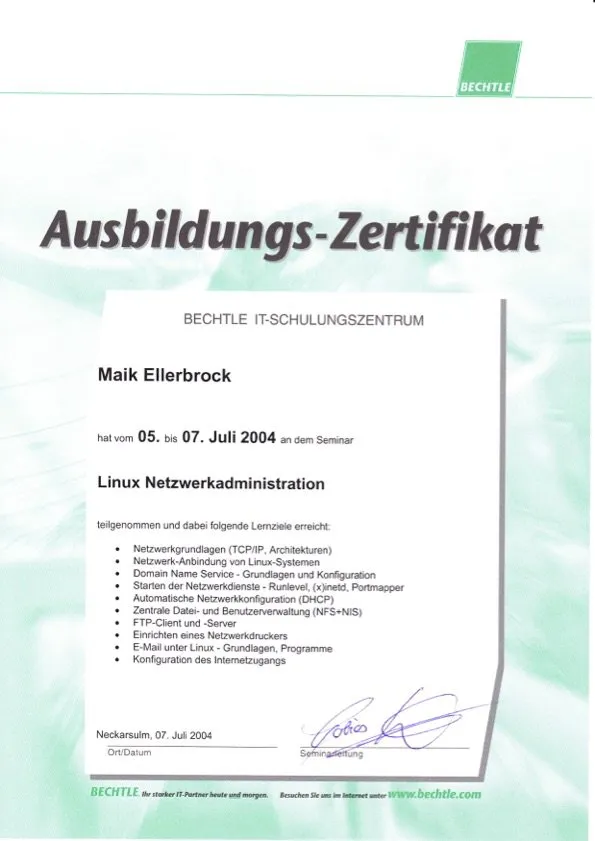 Maik Ellerbrock's verified Bechtle Certified Linux Network Administrator badge issued by Bechtle