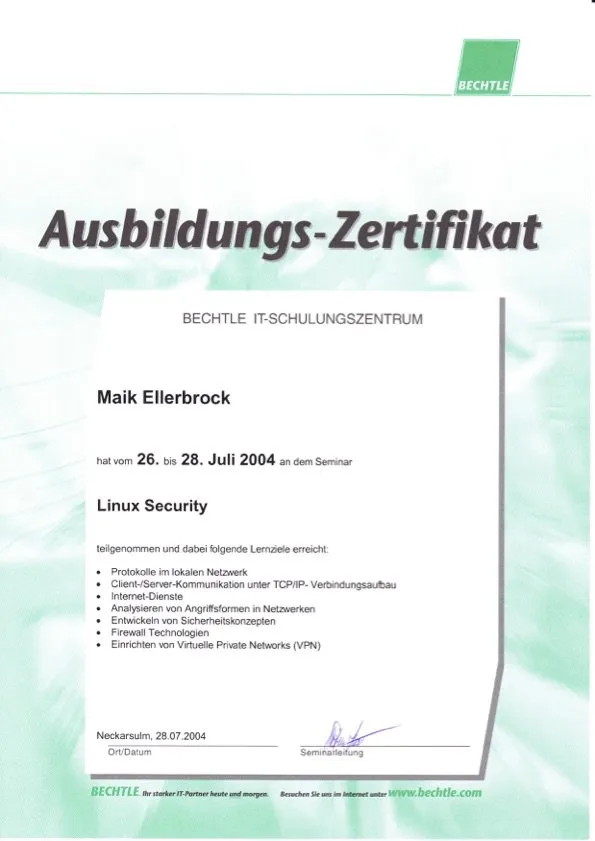 Maik Ellerbrock's verified Bechtle Certified Linux Security badge issued by Bechtle