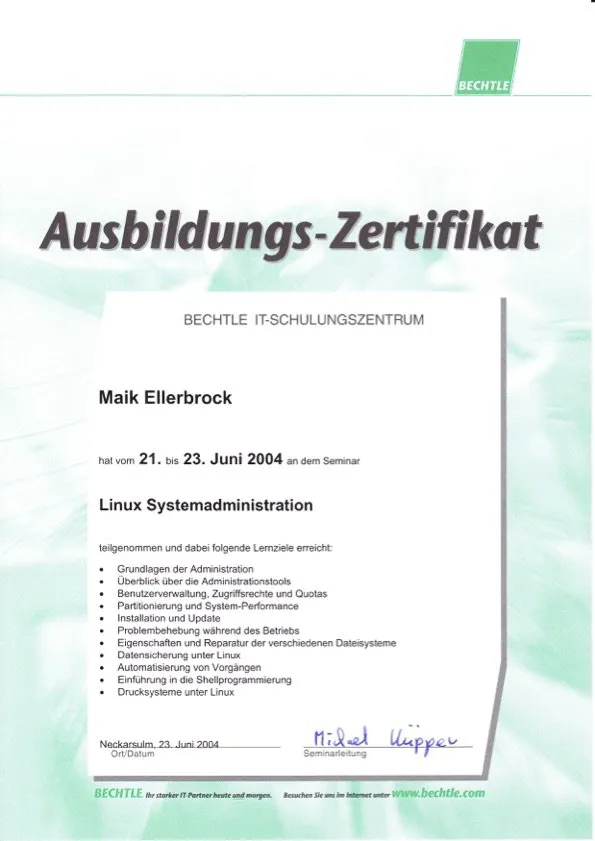 Maik Ellerbrock's verified Bechtle Certified Linux Systemadministrator badge issued by Bechtle