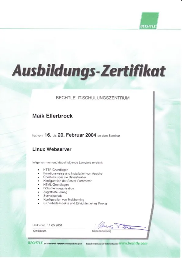 Maik Ellerbrock's verified Bechtle Certified Linux Webserver Administration badge issued by Bechtle
