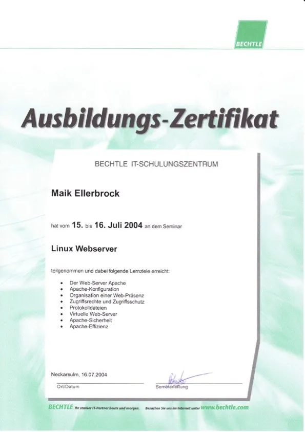 Maik Ellerbrock's verified Bechtle Certified Linux Webserver Administration Advanced badge issued by Bechtle