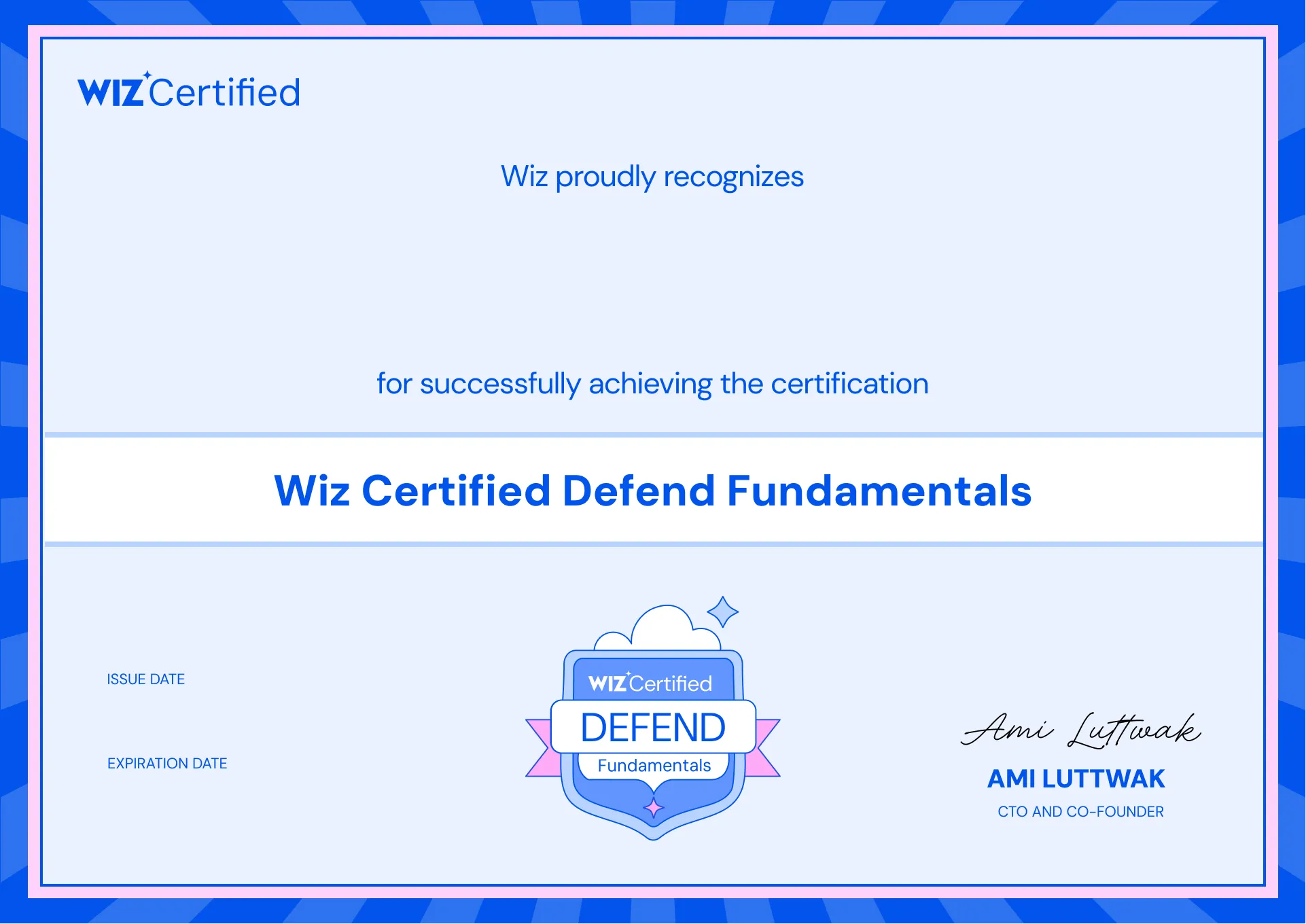 Maik Ellerbrock's verified Wiz Certified Defend Fundamentals Certification badge issued by Wiz
